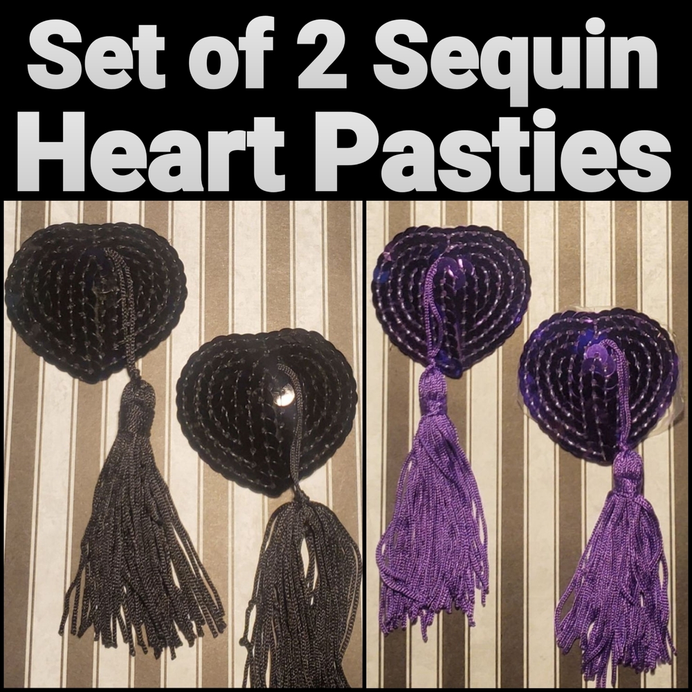 Set of 2 Sequin Heart Pasties with Tassels